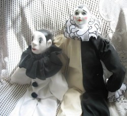27'' 24", 22'', 13'' 4 CHARMING BONE CHINA/ CLAY PIERROT ESTATE DOLLS, MUSICAL